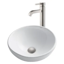 16" Round White Porcelain Bathroom Vessel Sink and Ramus Faucet Combo Set with Pop-Up Drain