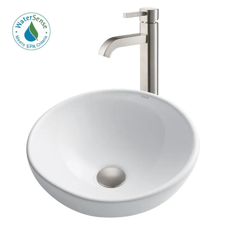 16" Round White Porcelain Bathroom Vessel Sink and Ramus Faucet Combo Set with Pop-Up Drain