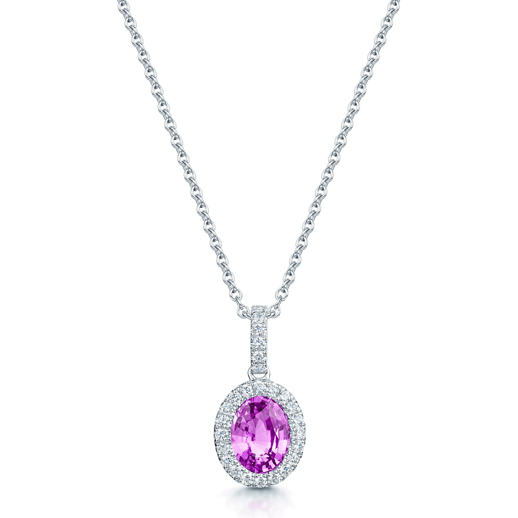 18ct White Gold Oval Cut Natural Unheated Pink Sapphire Diamond Halo Pendant