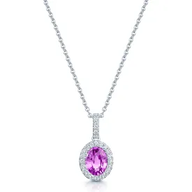 18ct White Gold Oval Cut Natural Unheated Pink Sapphire Diamond Halo Pendant