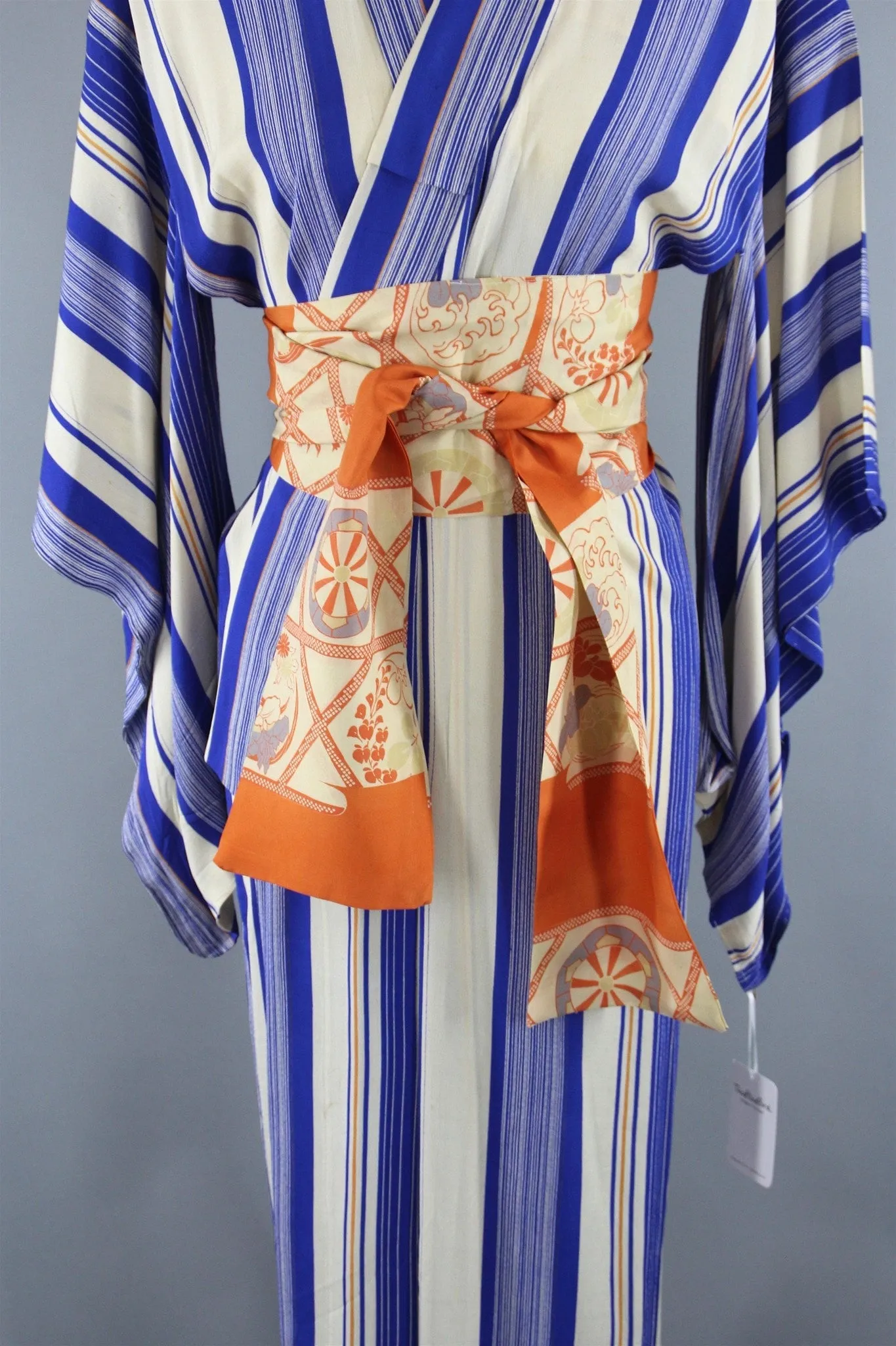 1950s Vintage Silk Kimono Robe with Blue and Orange Stripes