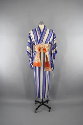 1950s Vintage Silk Kimono Robe with Blue and Orange Stripes