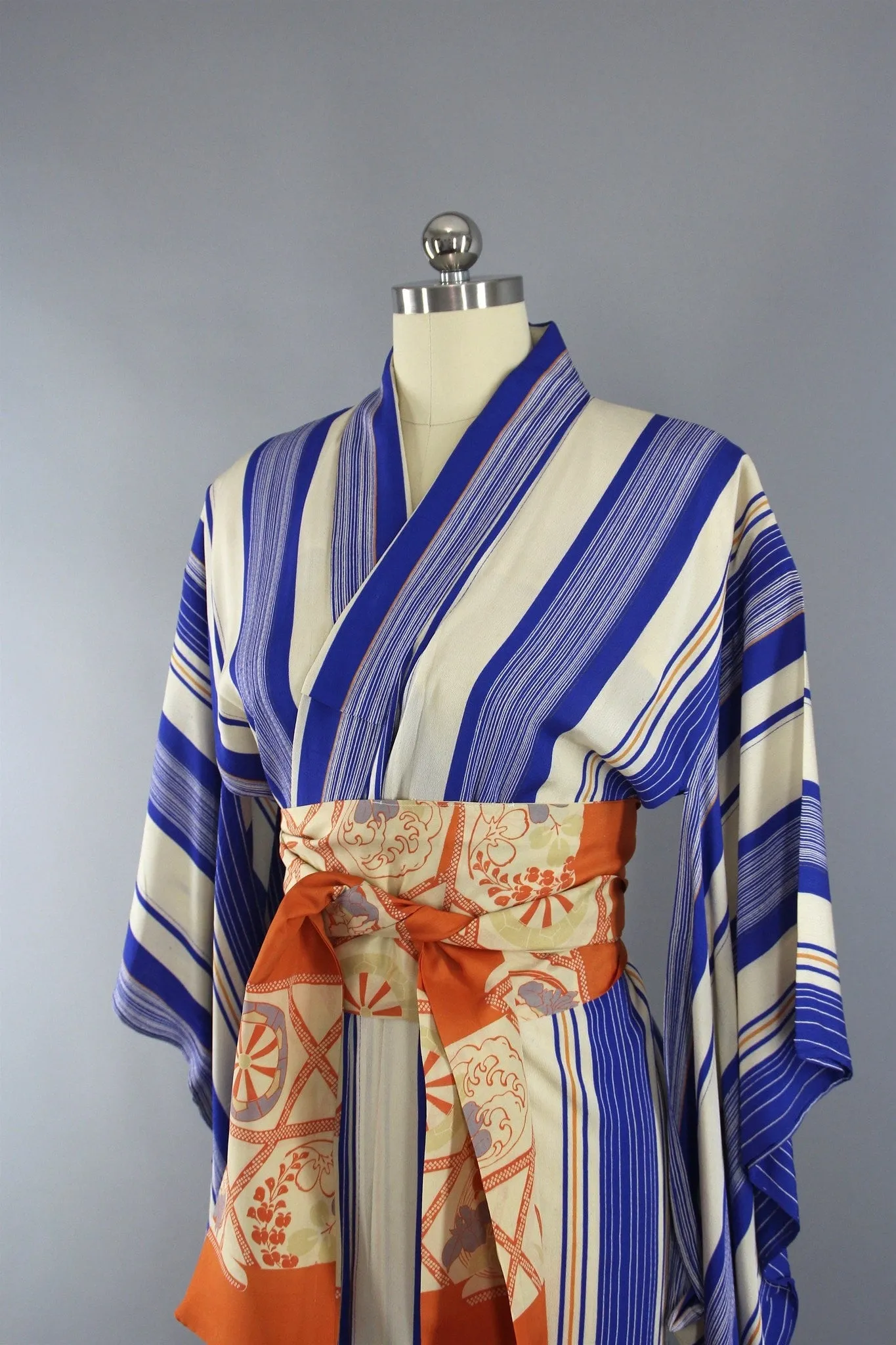 1950s Vintage Silk Kimono Robe with Blue and Orange Stripes