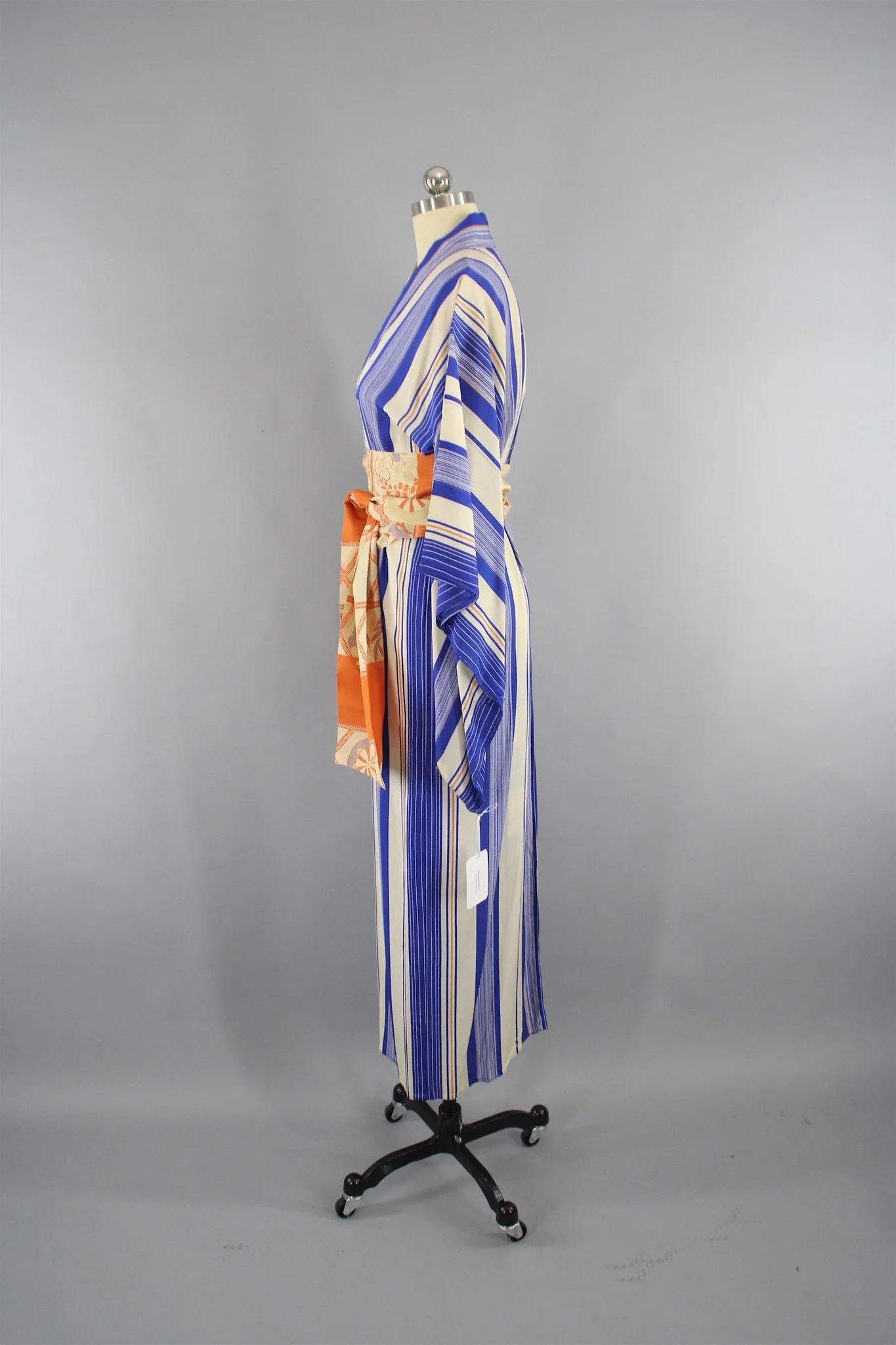 1950s Vintage Silk Kimono Robe with Blue and Orange Stripes