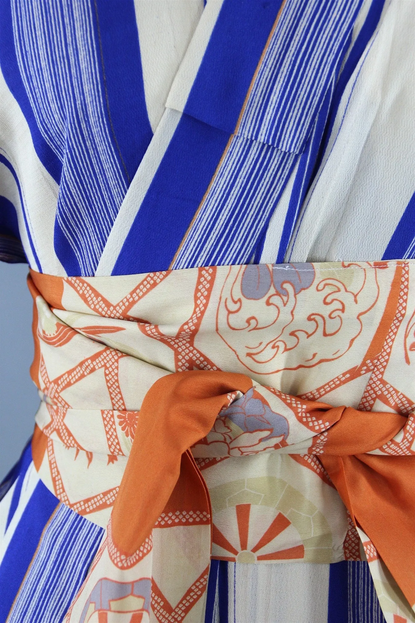 1950s Vintage Silk Kimono Robe with Blue and Orange Stripes