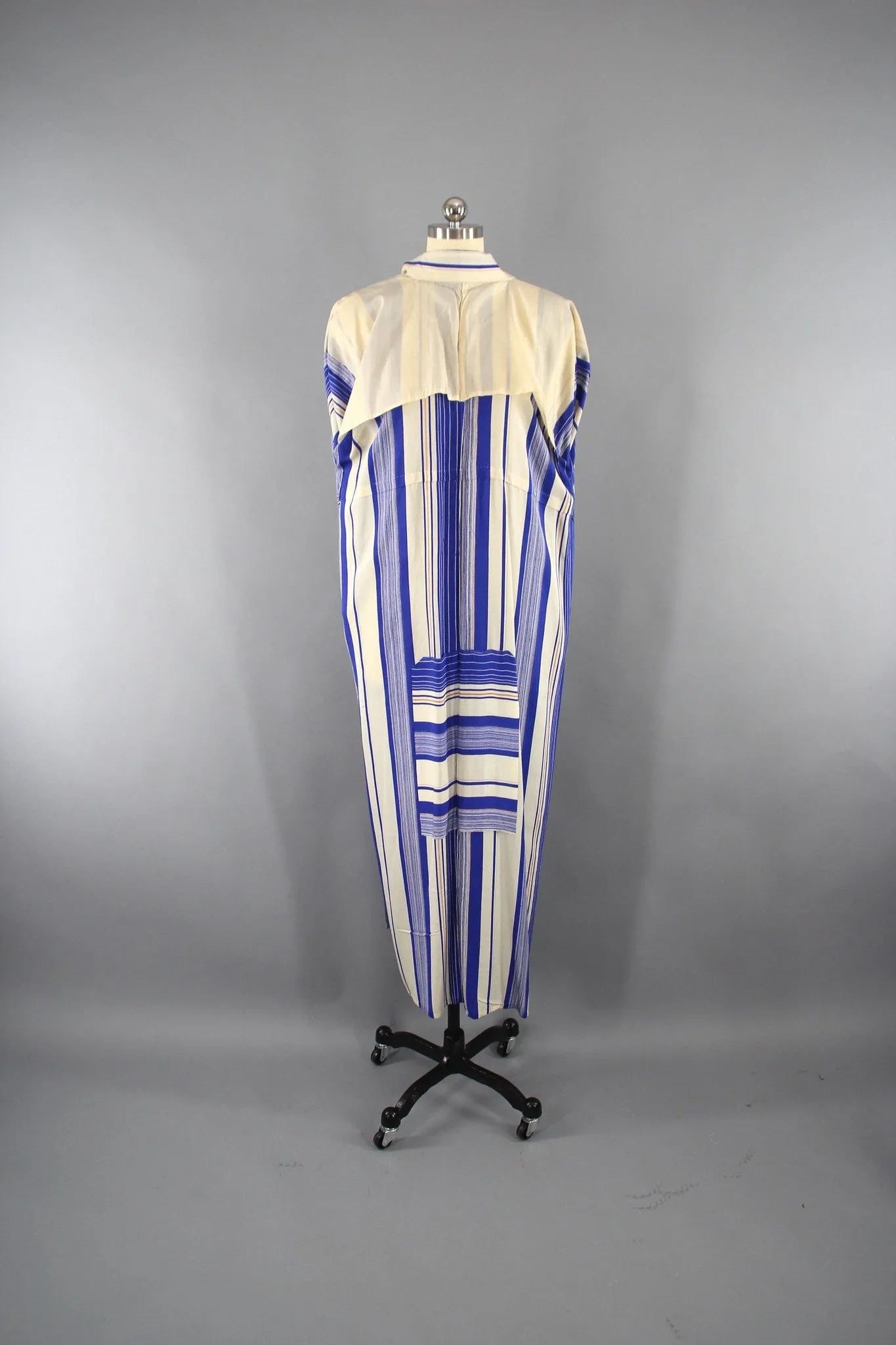 1950s Vintage Silk Kimono Robe with Blue and Orange Stripes