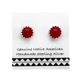 5mm Red Coral Stud Earrings, 925 Solid Sterling Silver, Native American USA Handmade, Nickel Free