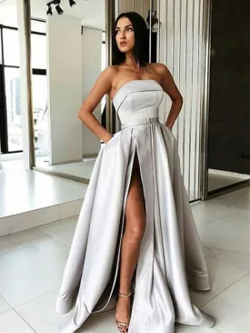 A Line High Gray Long Prom Dresses with Belt, Gray Long Formal Dresses Evening DressesGraduation Dresses with High