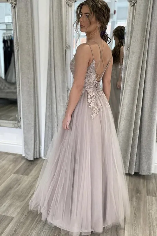 Elegant Gray Lace Floral Evening Gown with Open Back and Thin Straps