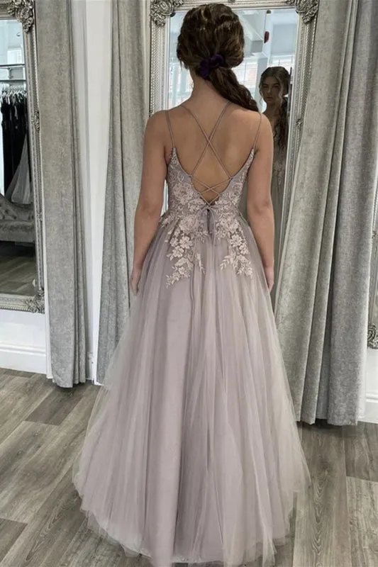 Elegant Gray Lace Floral Evening Gown with Open Back and Thin Straps