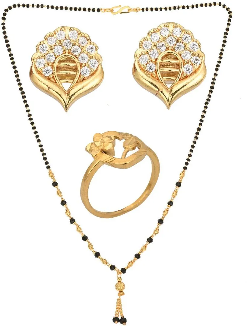 AanyaCentric Gold-plated Jewelry Combo: Elegant Short Mangalsutra, Finger Ring, and American Diamond Earrings Set