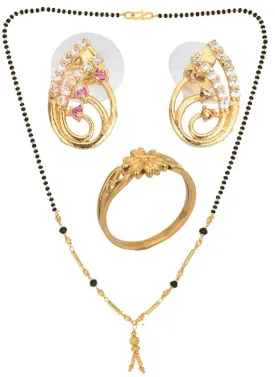 AanyaCentric Gold-plated Jewelry Combo: Elegant Short Mangalsutra, Finger Ring, and American Diamond Earrings Set