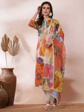 Abstract Floral Printed Straight Fit Kurta with Pant & Printed Dupatta - Multi