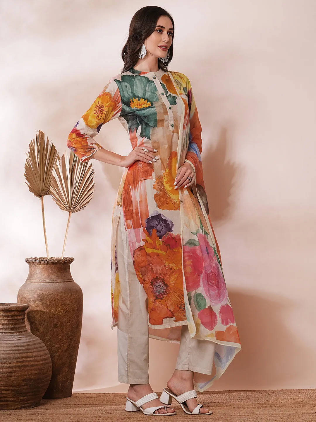 Abstract Floral Printed Straight Fit Kurta with Pant & Printed Dupatta - Multi