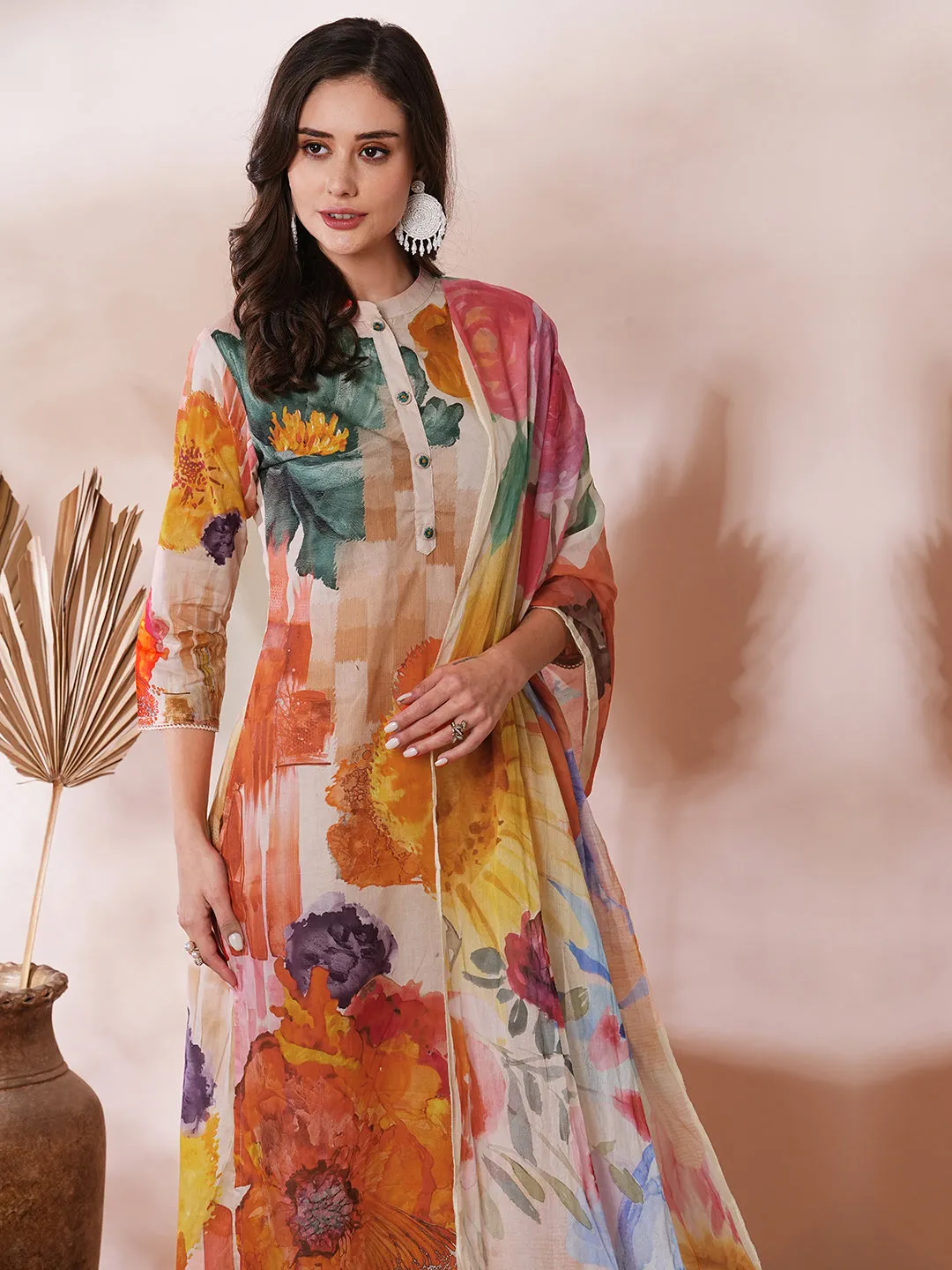 Abstract Floral Printed Straight Fit Kurta with Pant & Printed Dupatta - Multi