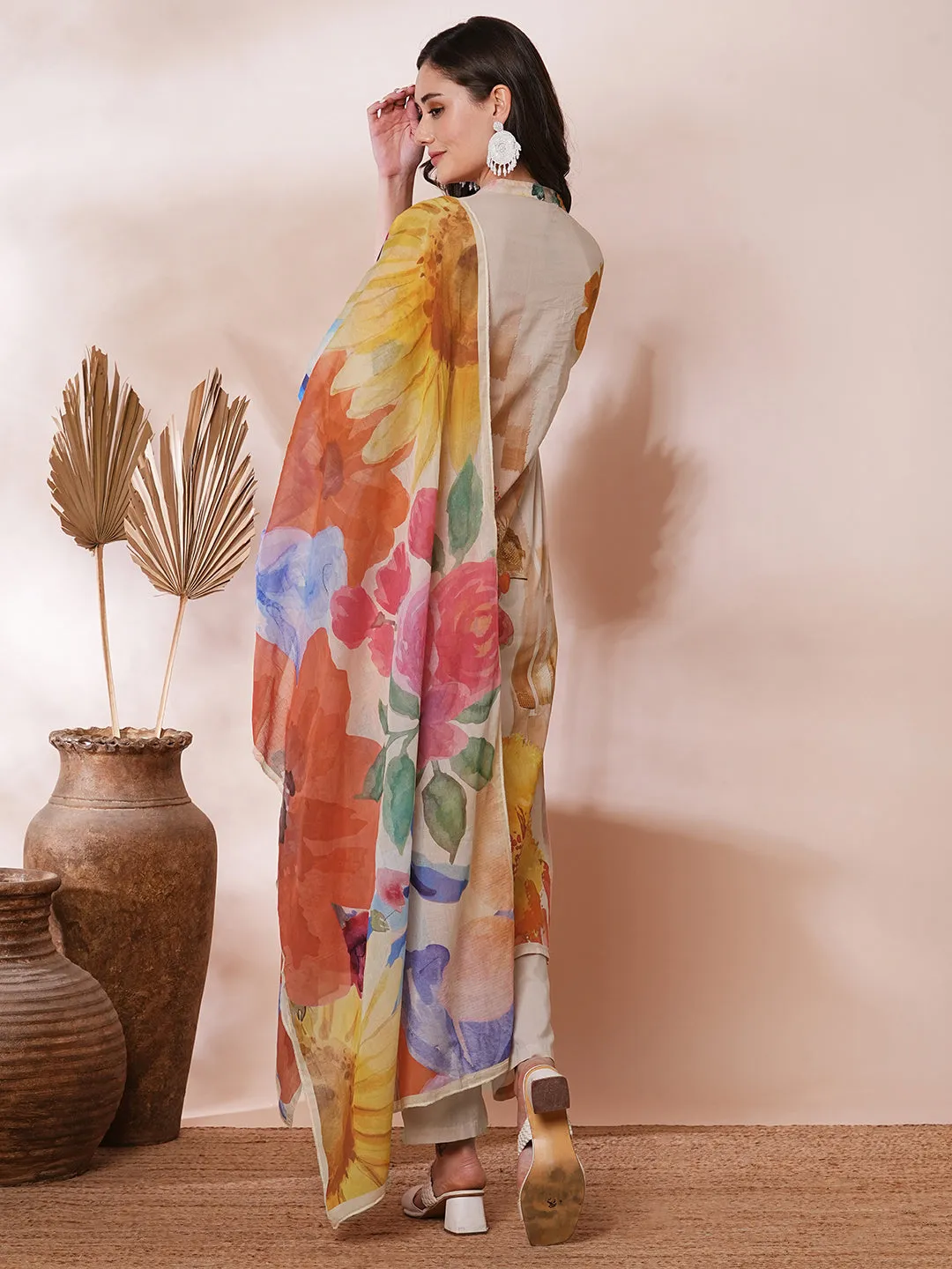 Abstract Floral Printed Straight Fit Kurta with Pant & Printed Dupatta - Multi