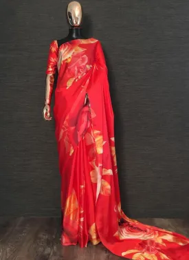 Adorable Strawberry Red Satin Base Digital Printed Saree