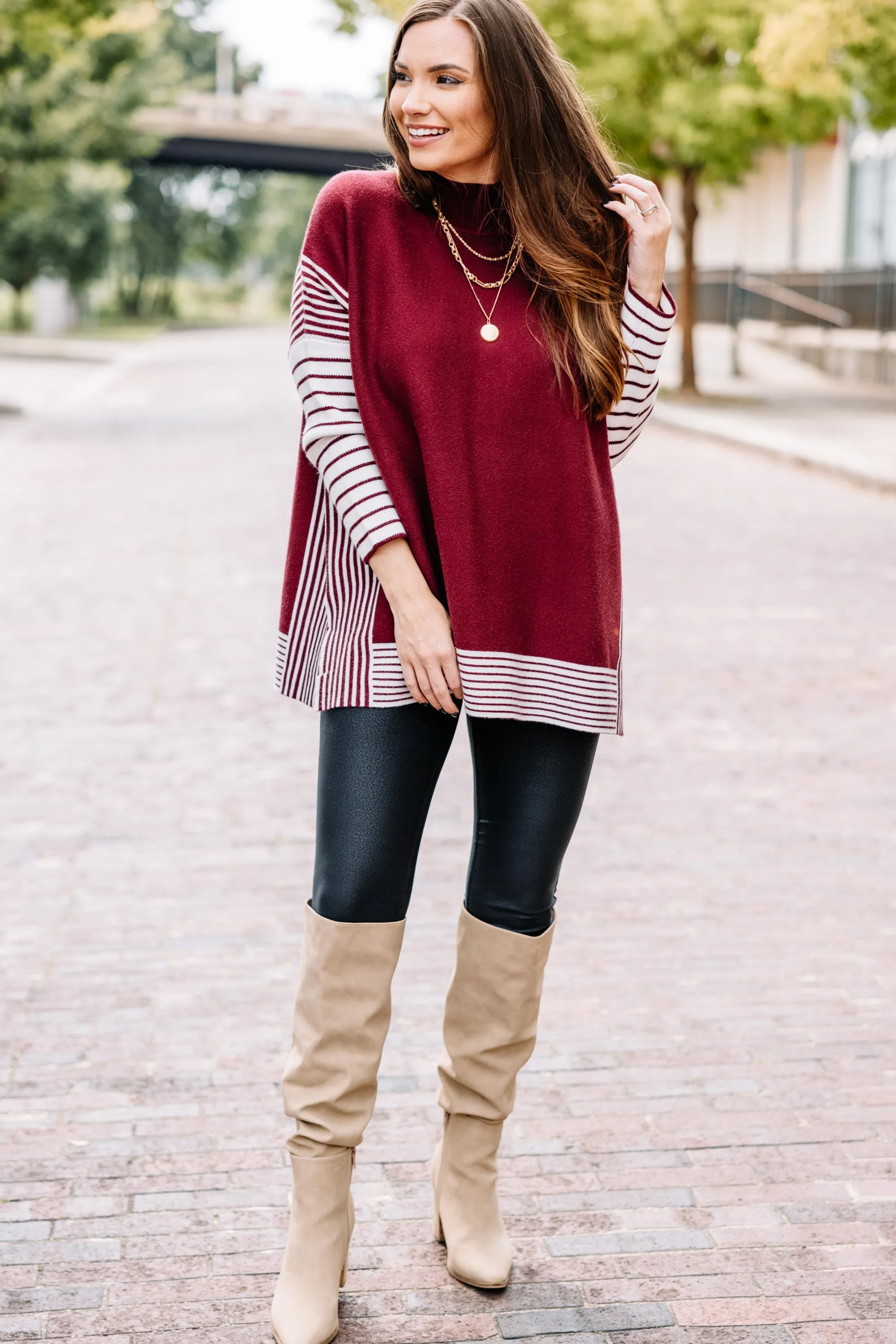 All In Burgundy Red Striped Tunic