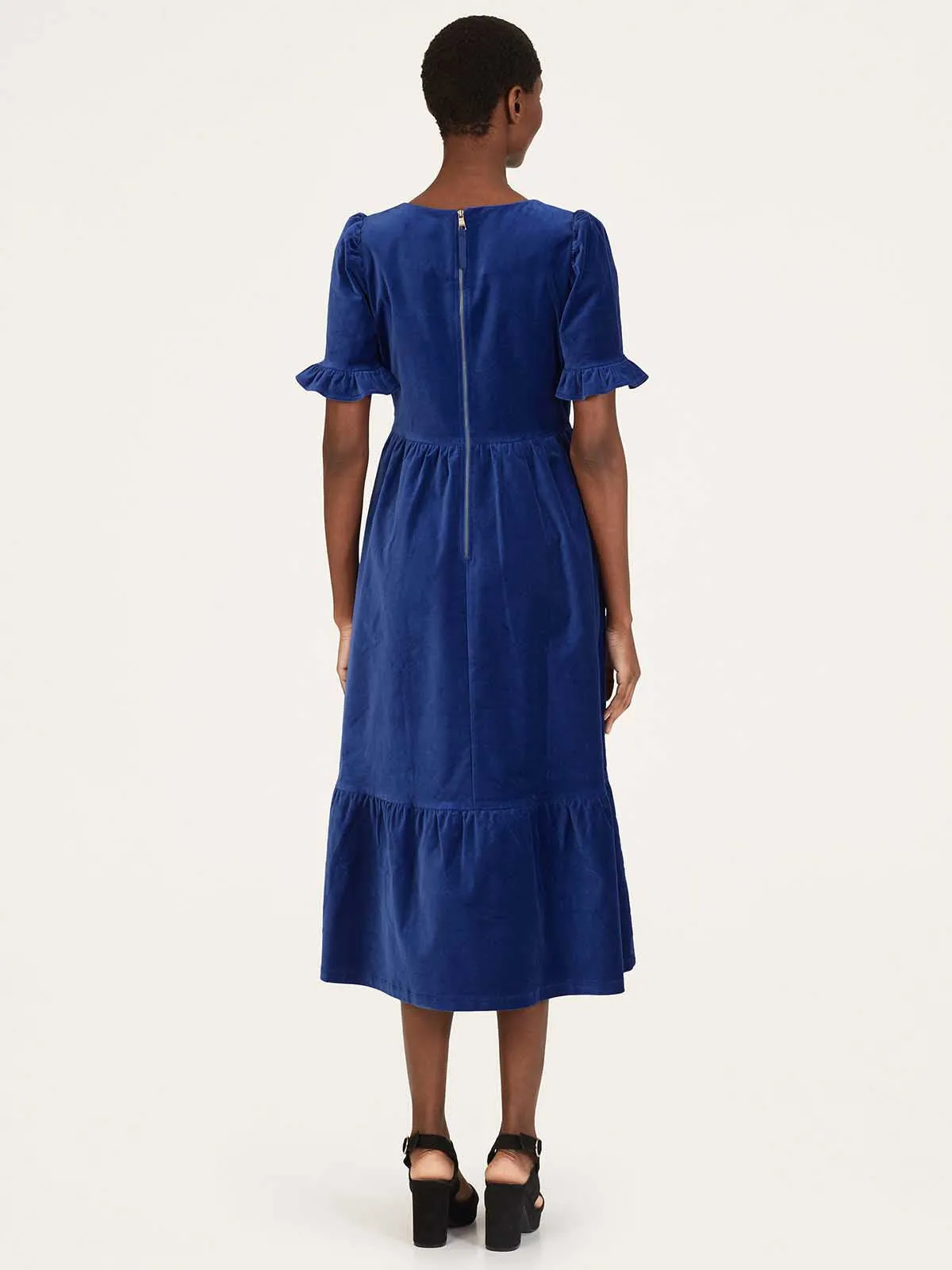 Organic Cotton Velvet Midi Dress in Dark Sapphire Blue Color