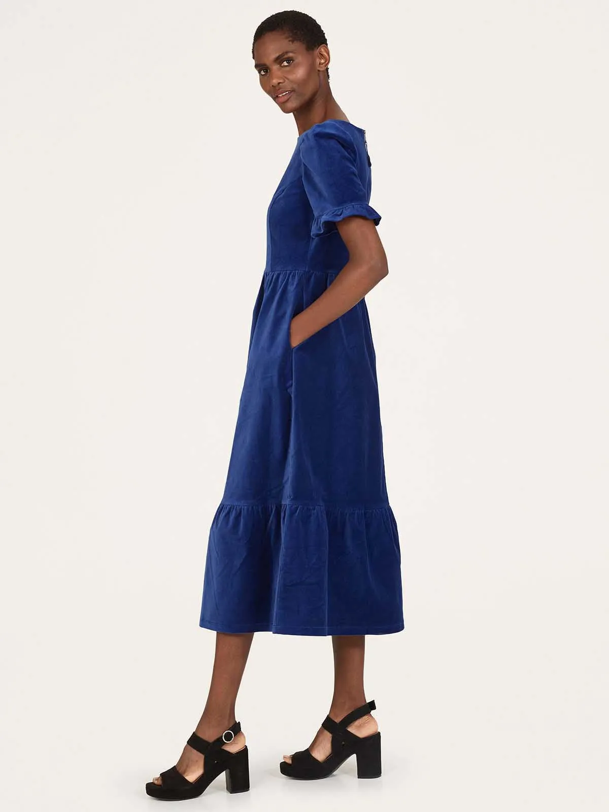 Organic Cotton Velvet Midi Dress in Dark Sapphire Blue Color