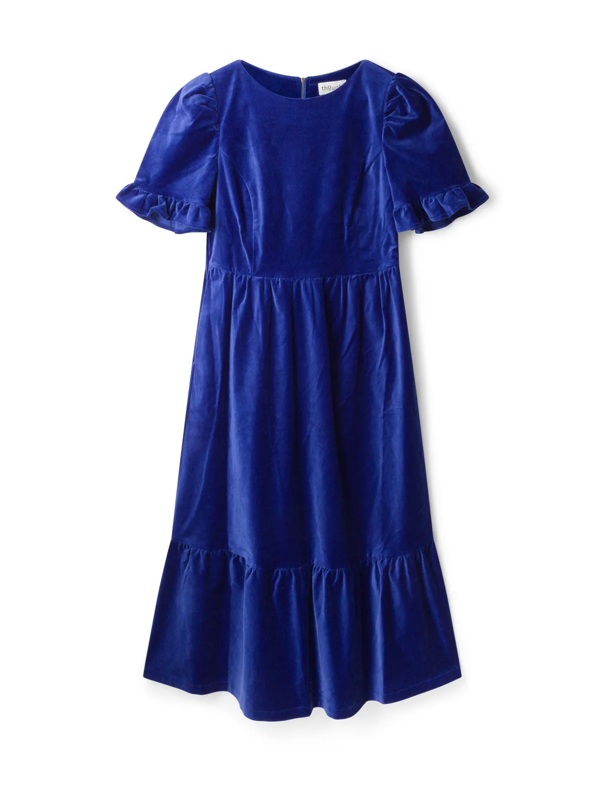 Organic Cotton Velvet Midi Dress in Dark Sapphire Blue Color