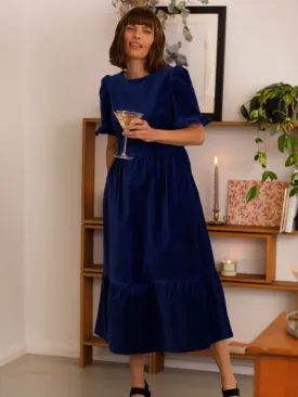 Organic Cotton Velvet Midi Dress in Dark Sapphire Blue Color