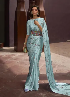 Aqua Green Satin Crepe Floral Saree