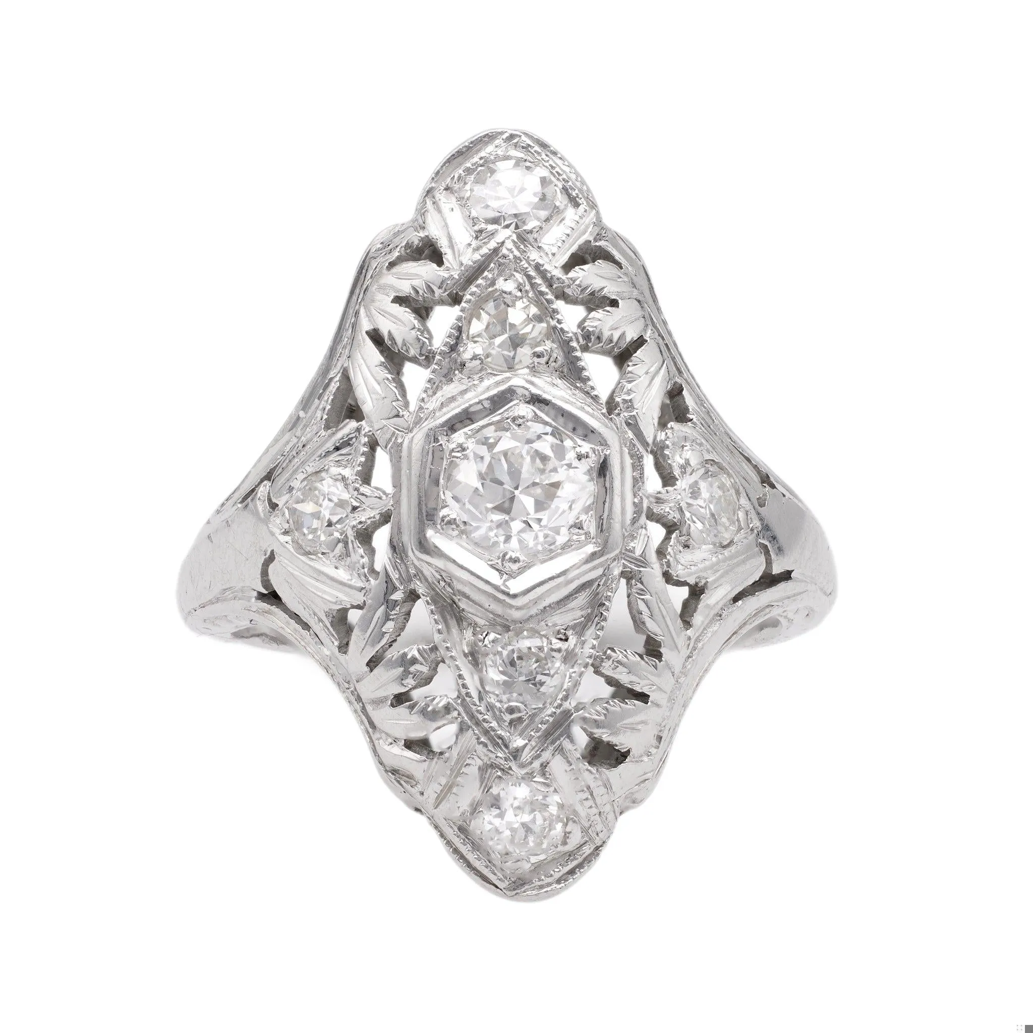 Art Deco Diamond 18k White Gold Navette Ring