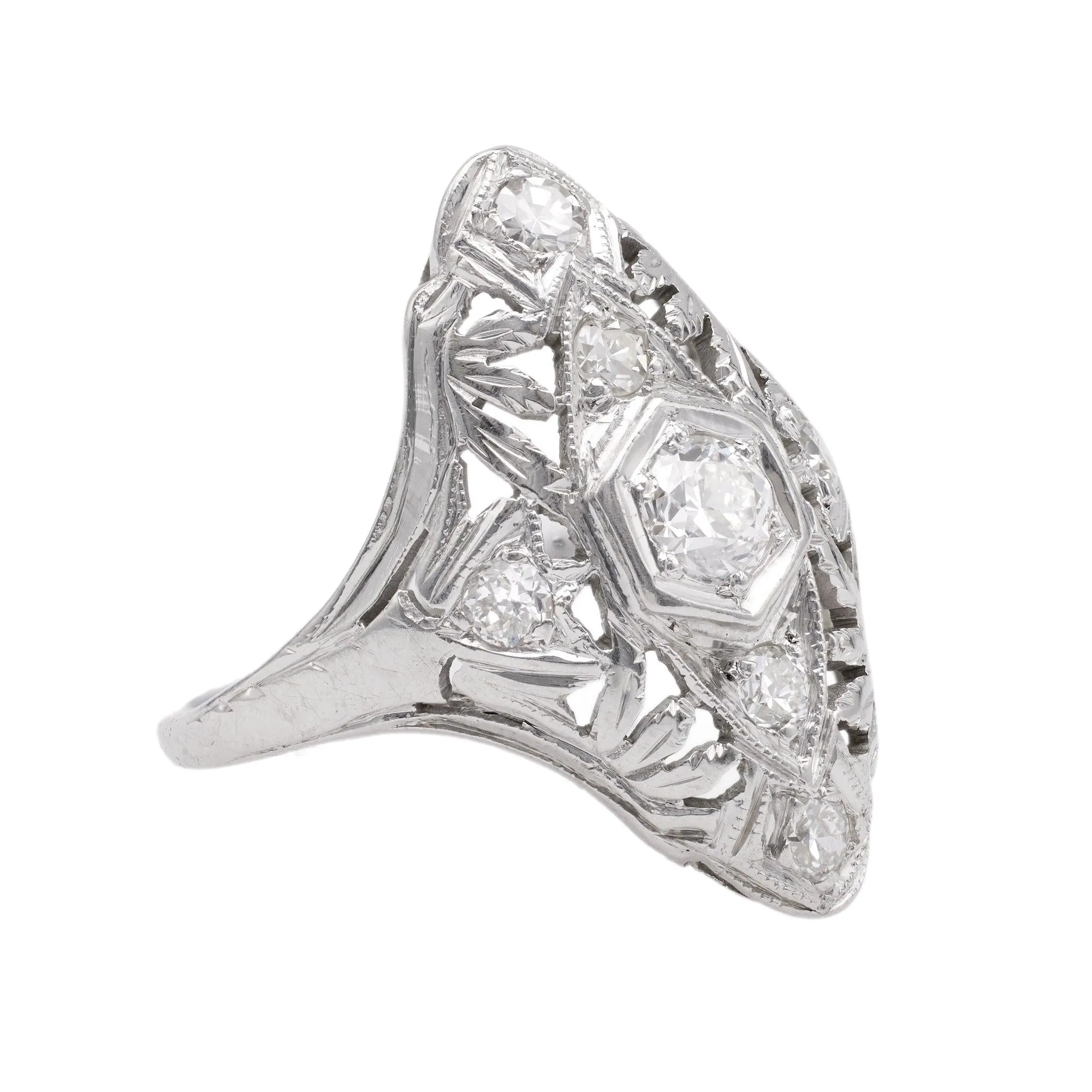 Art Deco Diamond 18k White Gold Navette Ring