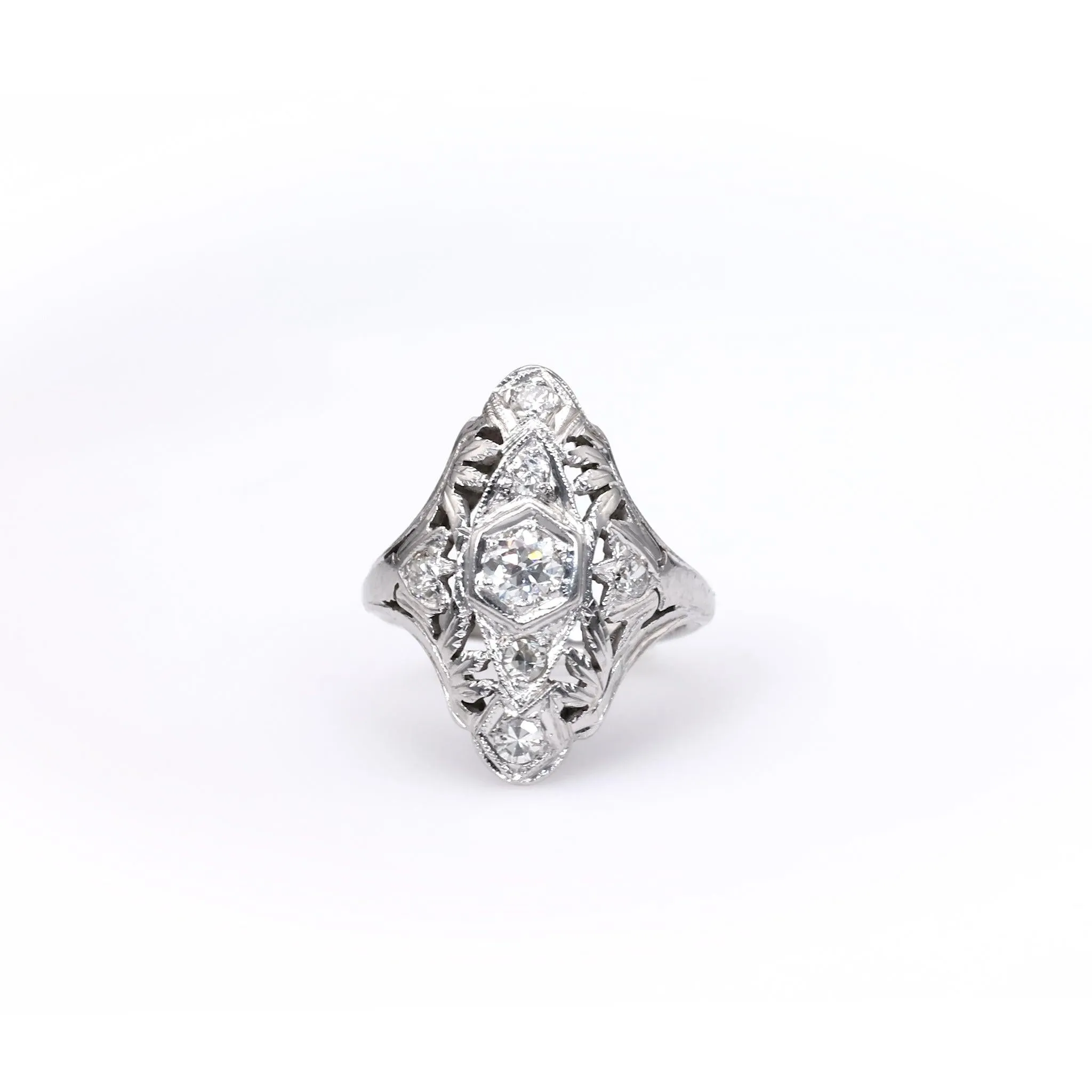 Art Deco Diamond 18k White Gold Navette Ring