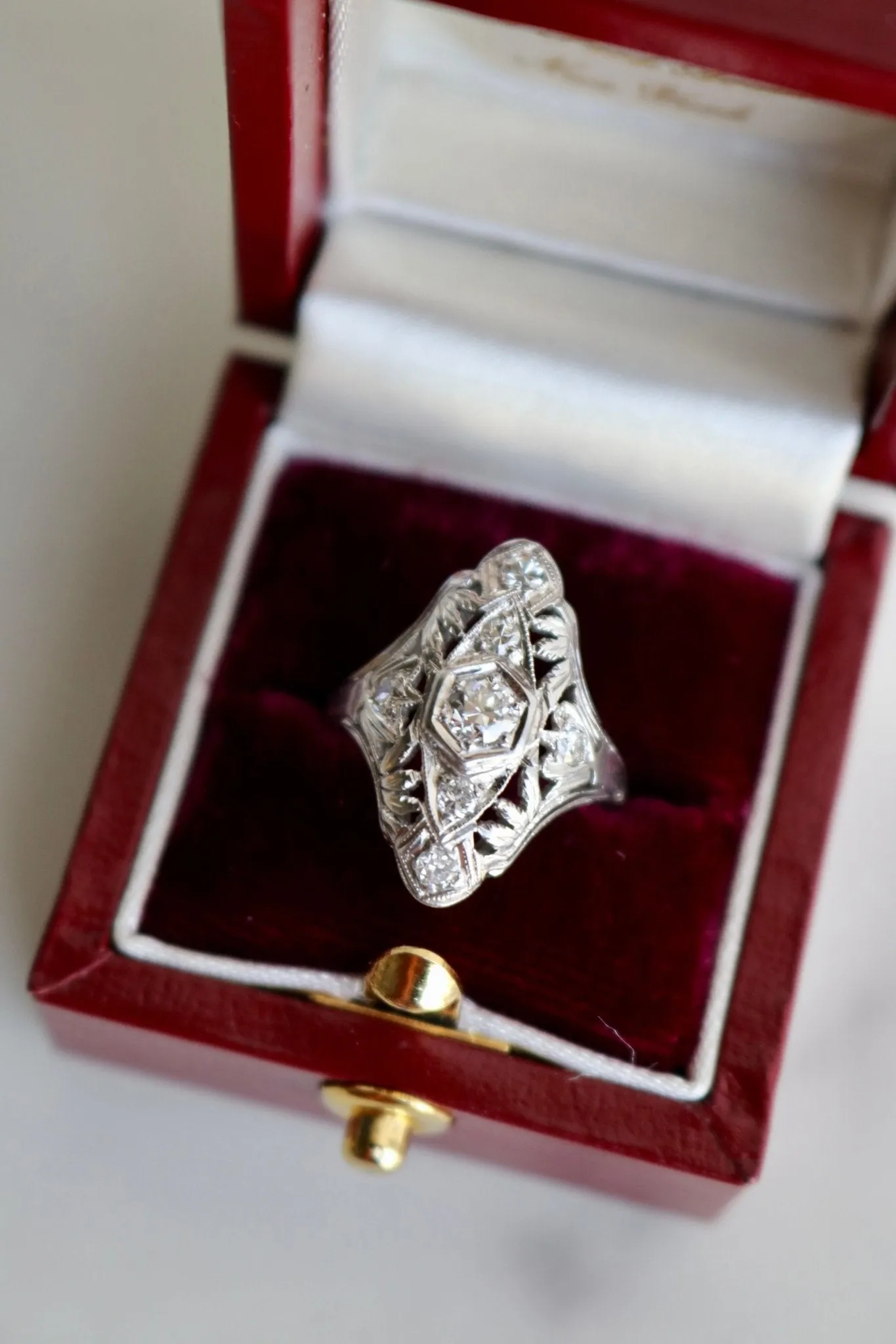 Art Deco Diamond 18k White Gold Navette Ring