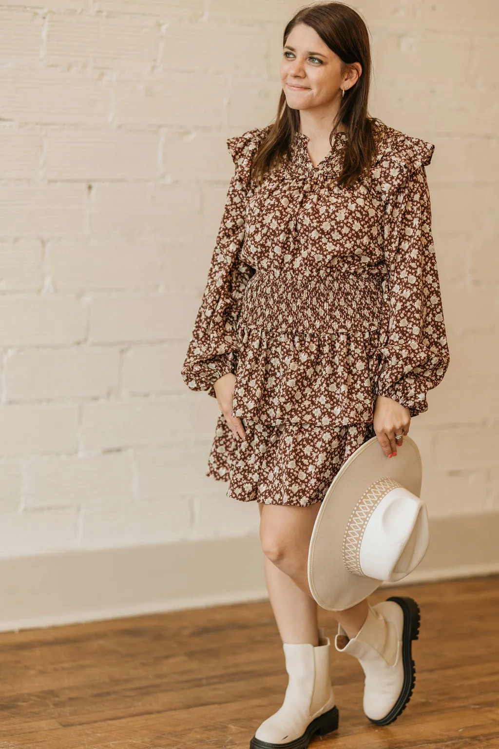 AVERIE FLORAL RUFFLE LONG SLEEVE DRESS