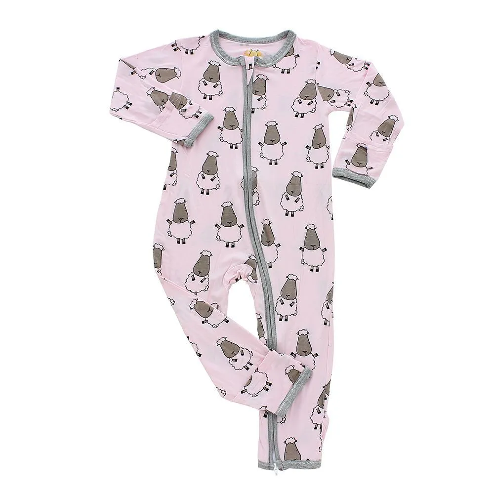 Baa Baa Sheepz Zip Long Sleeve Romper - Pink Big Sheep w/ Gray Border