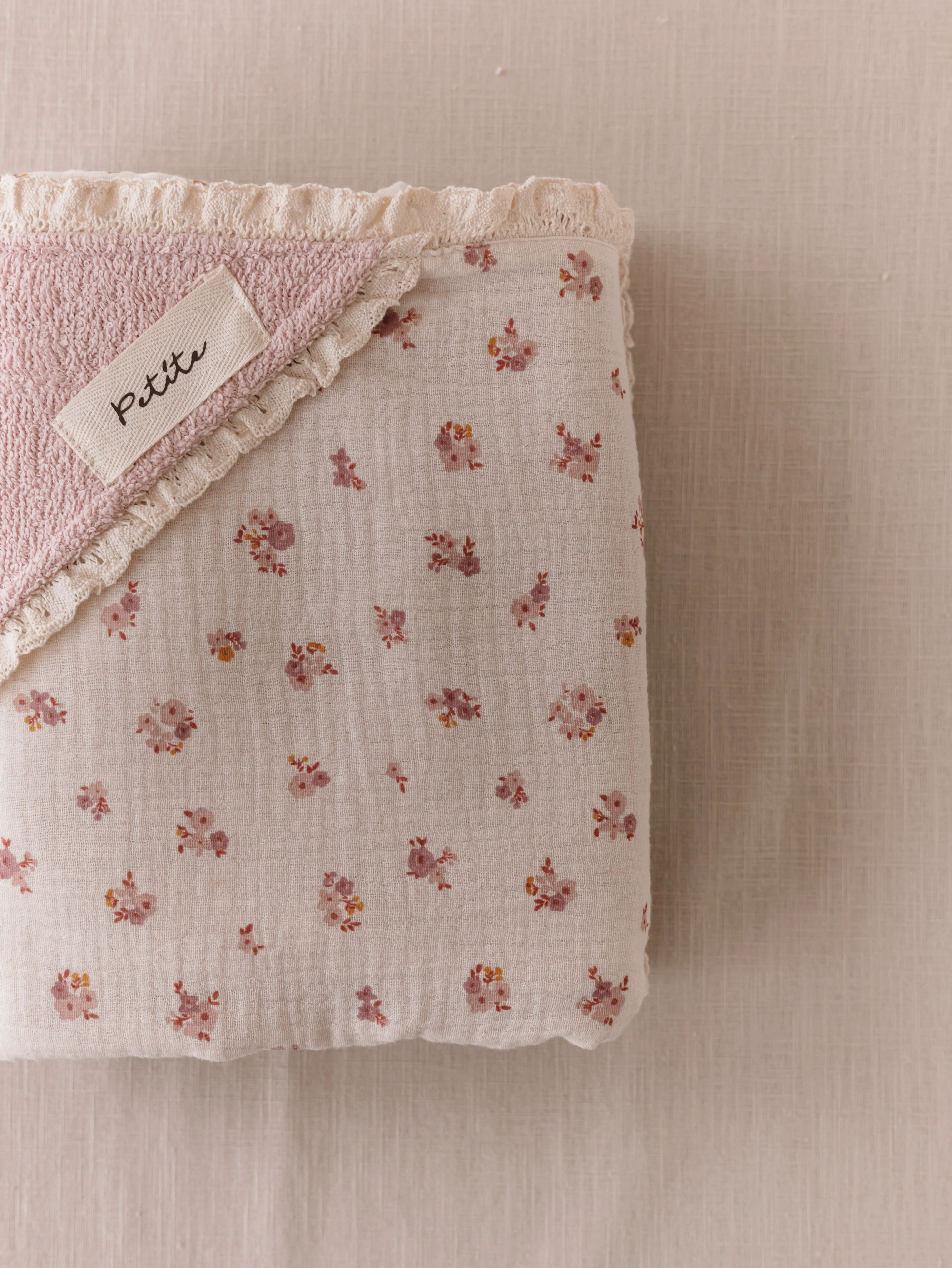 Baby Hooded towel  /  blush floral   lace