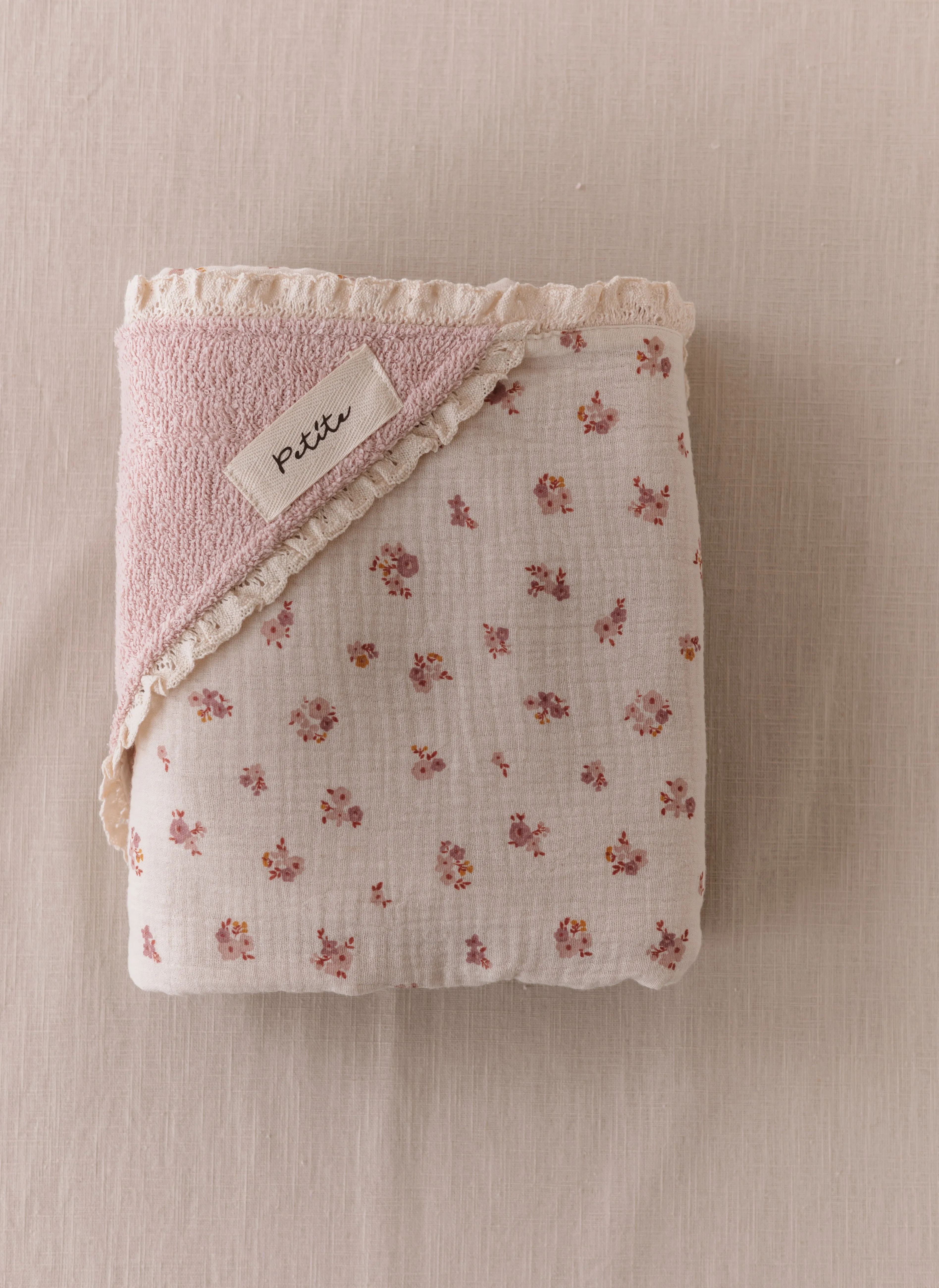 Baby Hooded towel  /  blush floral   lace