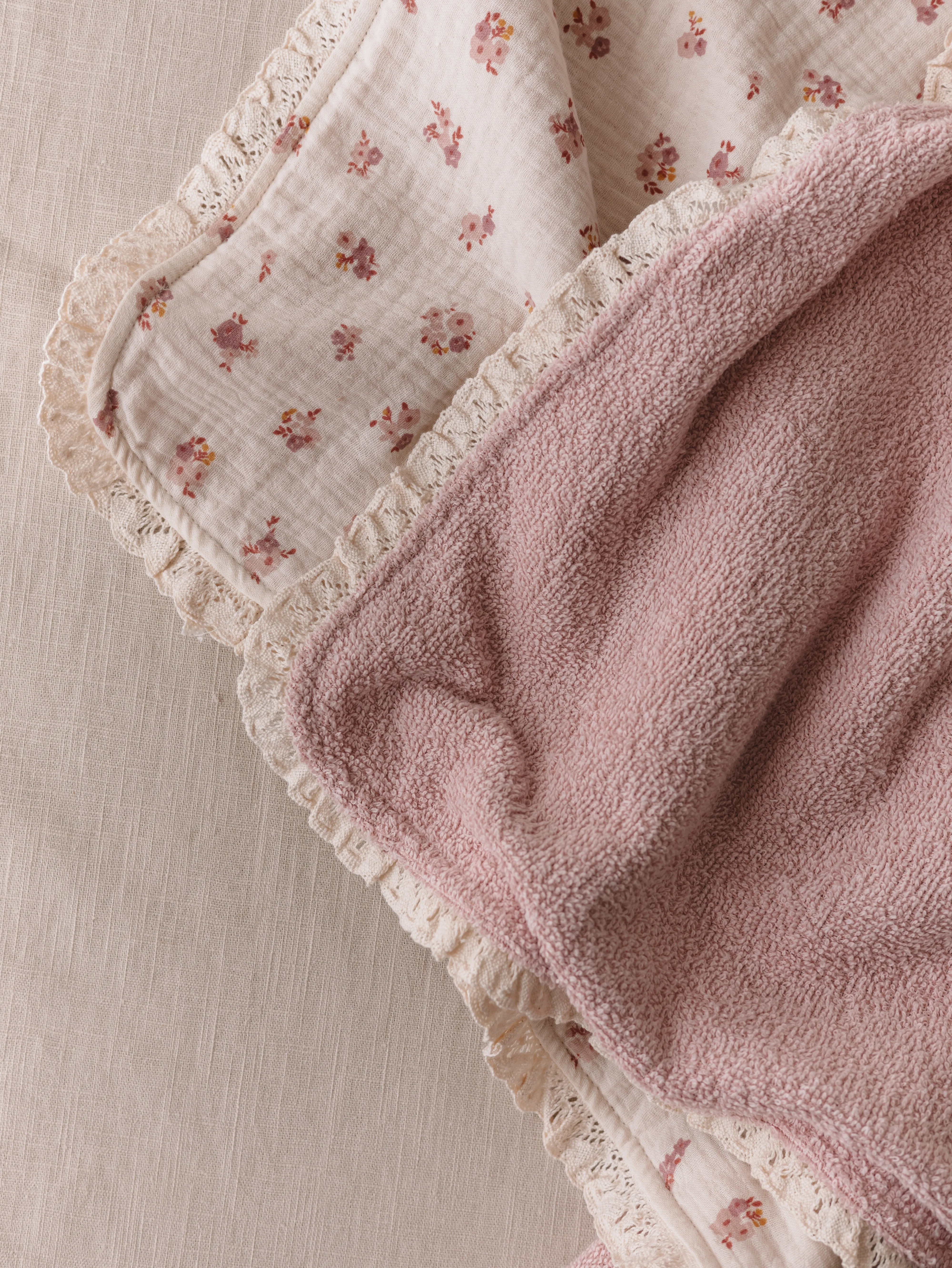 Baby Hooded towel  /  blush floral   lace