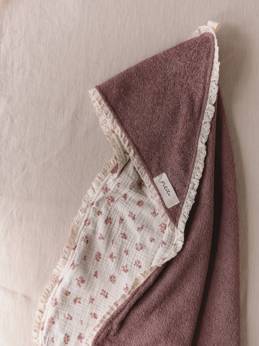 Baby Hooded towel  /  mauve floral   lace