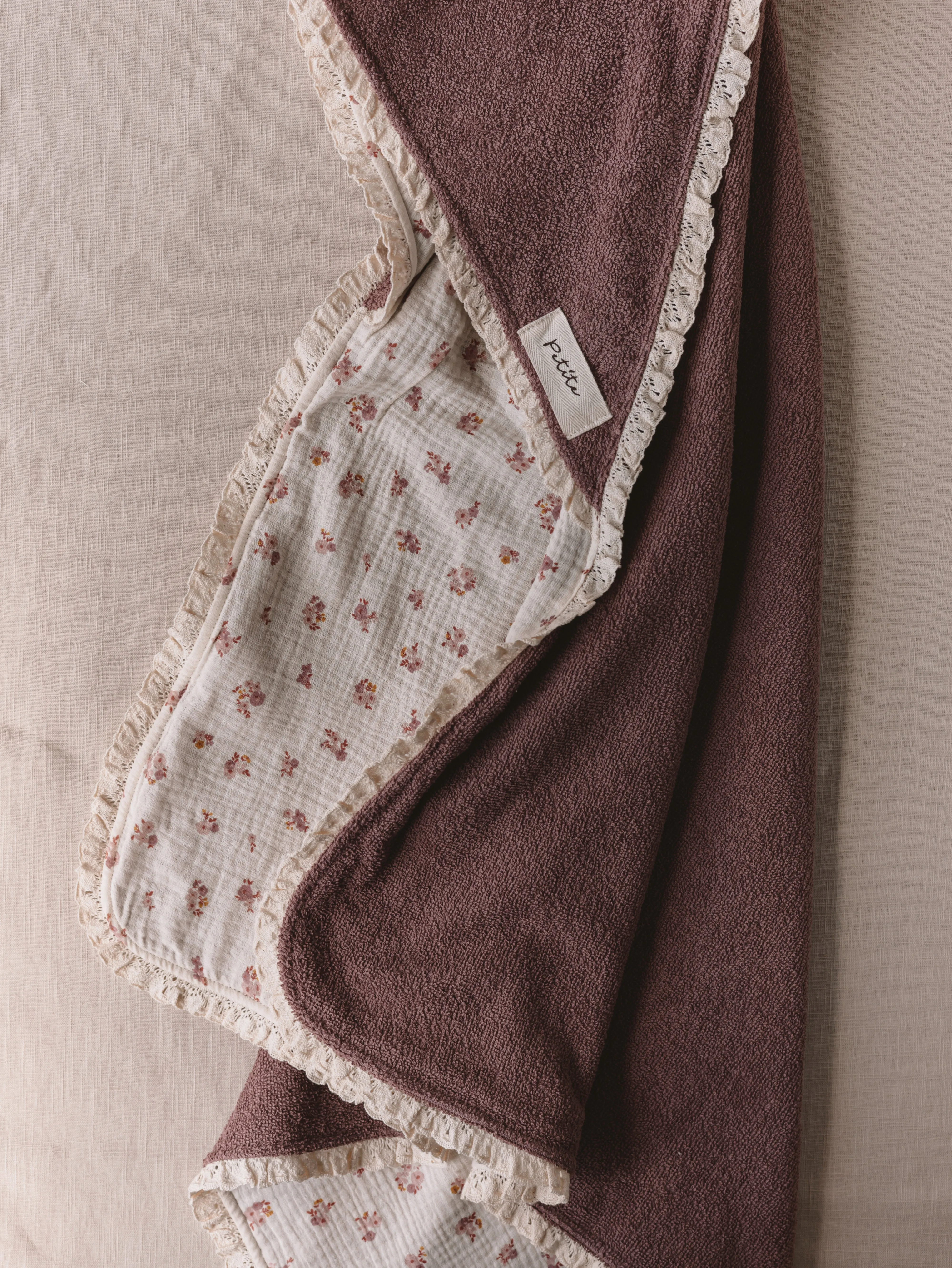 Baby Hooded towel  /  mauve floral   lace