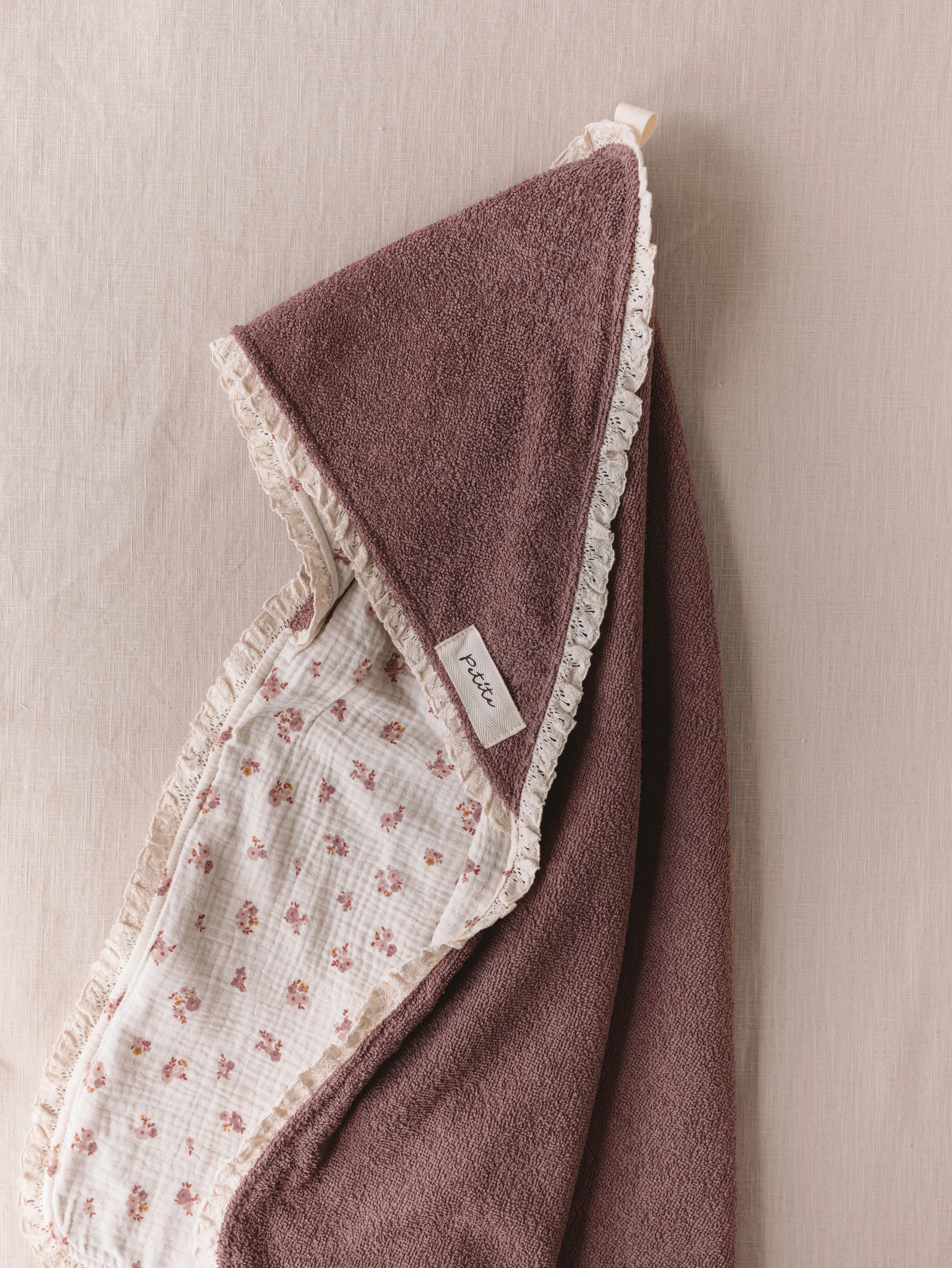 Baby Hooded towel  /  mauve floral   lace