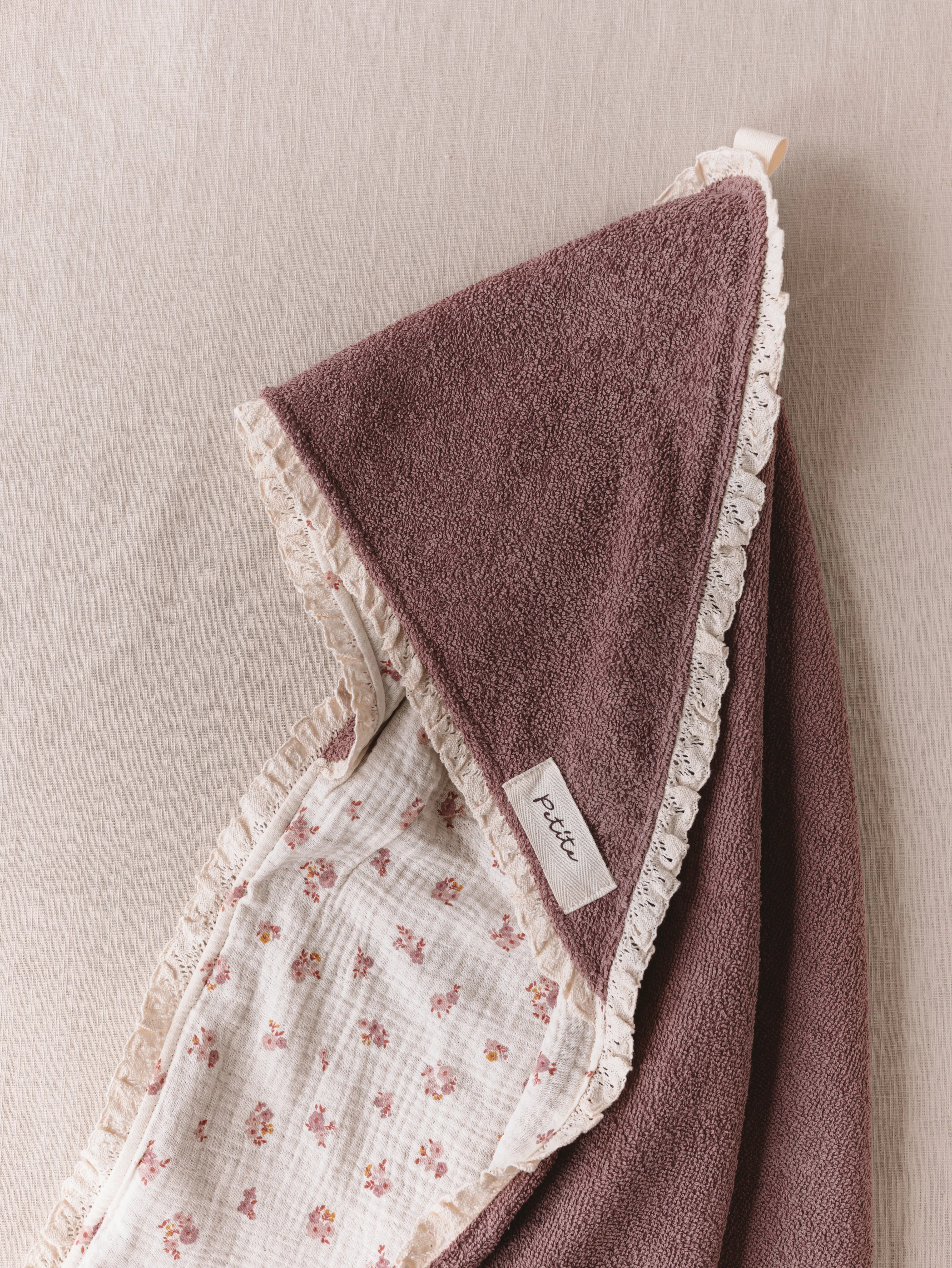 Baby Hooded towel  /  mauve floral   lace