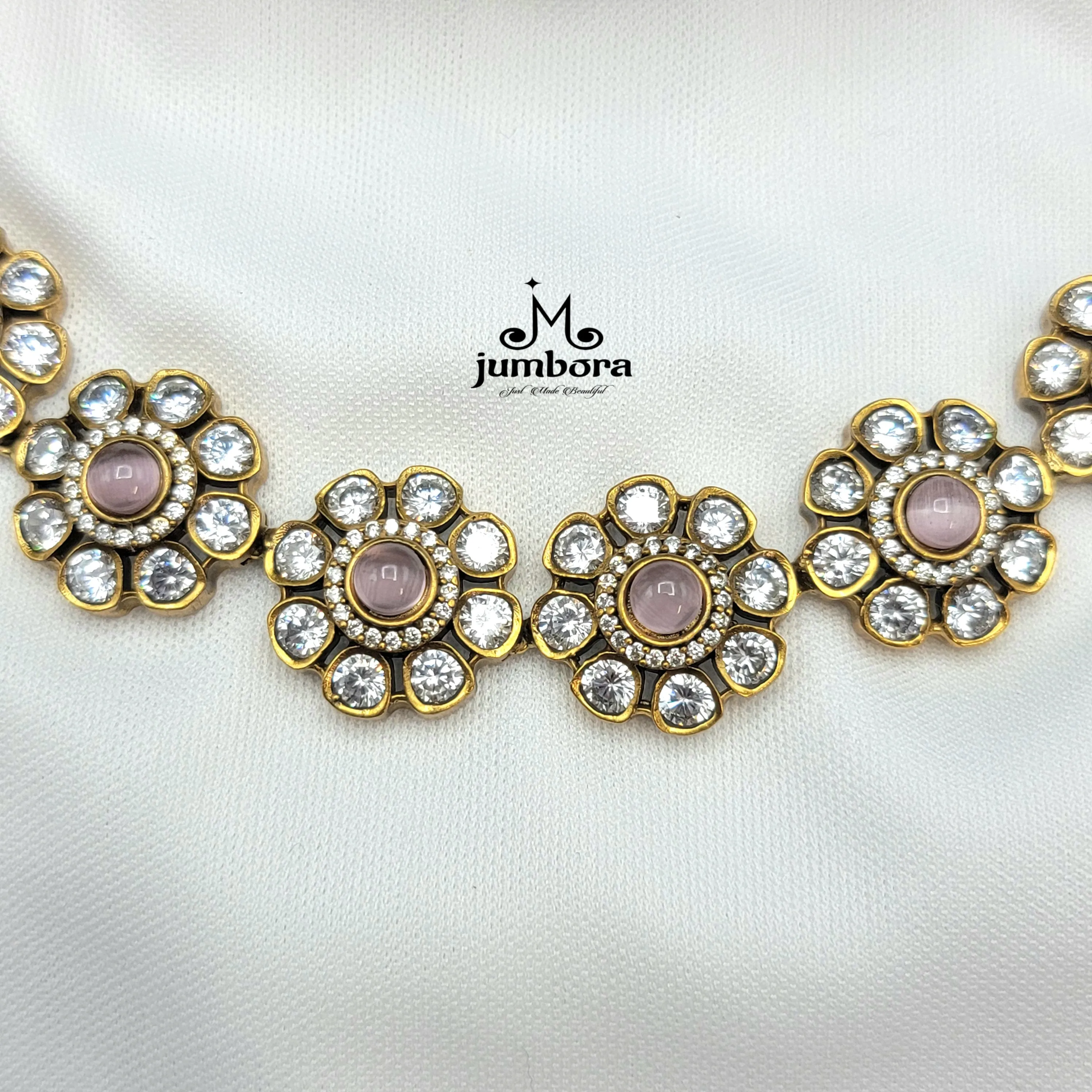 Baby Pink & White AD Zircon Floral Victorian Necklace