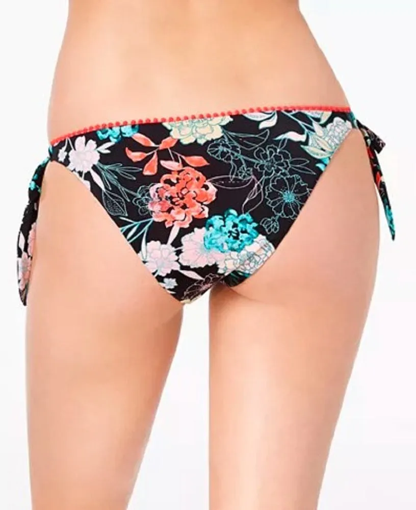 Bar III Women's Side-Tie Bikini Bottoms, Black Floral, L