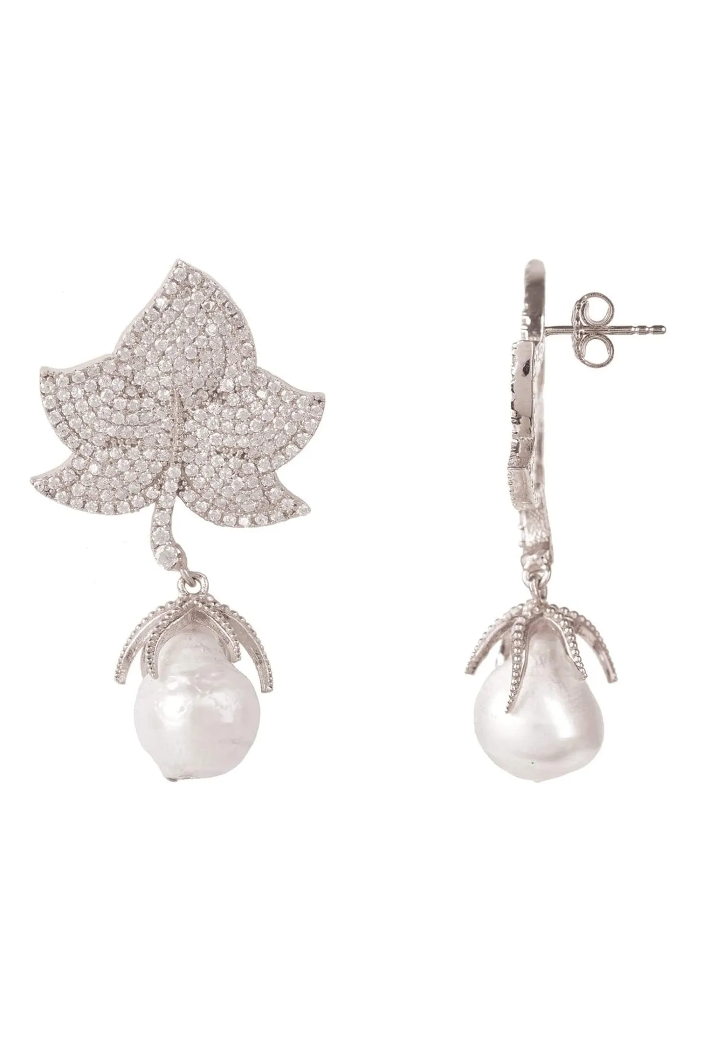 Baroque Pearl Leaf Earrings White Cz Silver