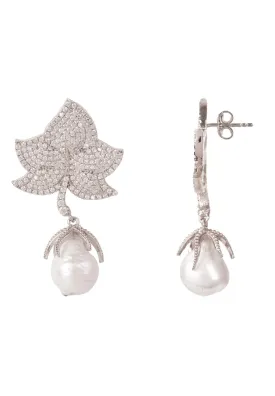 Baroque Pearl Leaf Earrings White Cz Silver