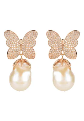 Baroque Pearl White Butterfly Earrings Rosegold