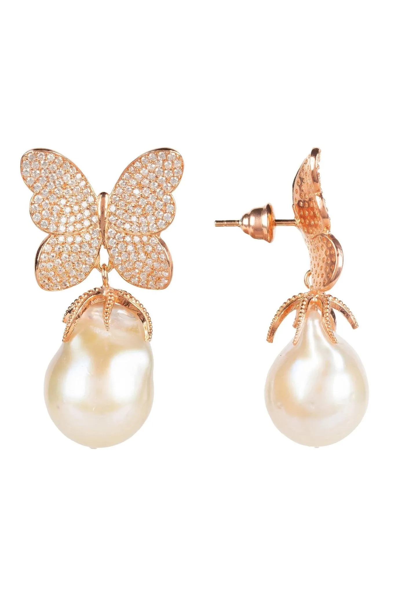 Baroque Pearl White Butterfly Earrings Rosegold