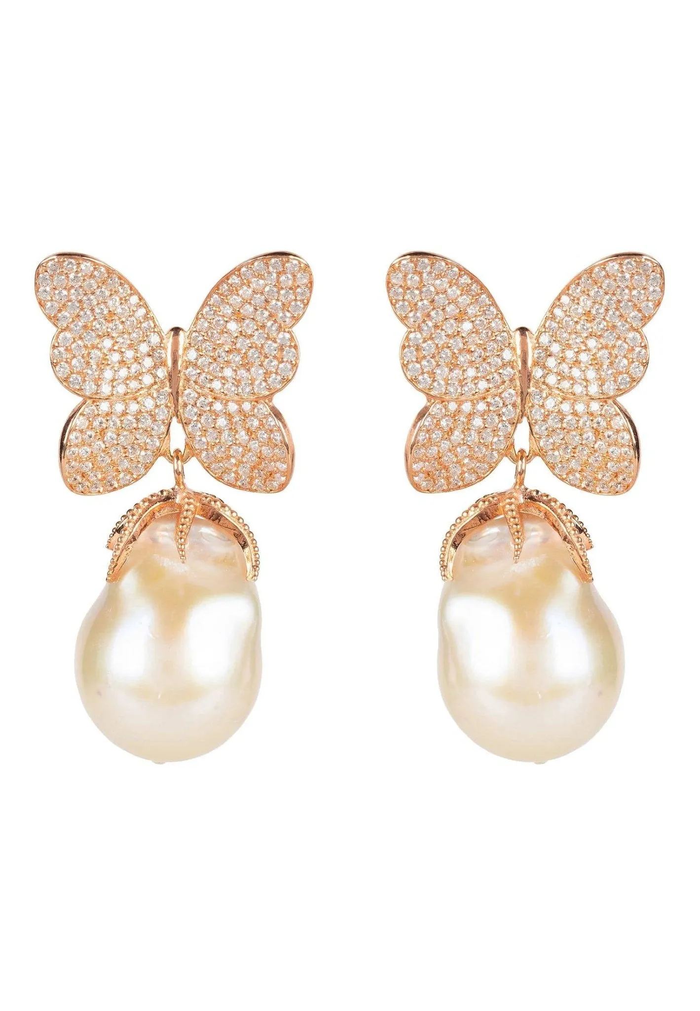 Baroque Pearl White Butterfly Earrings Rosegold