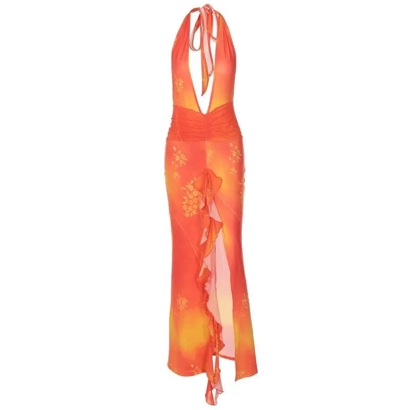 BerriesJam - Backless Halter Self Tie V Neck Slit Tie Dye Maxi Dress