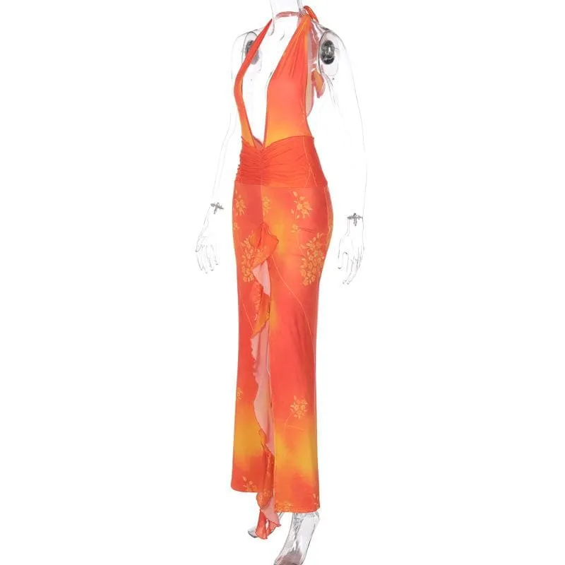 BerriesJam - Backless Halter Self Tie V Neck Slit Tie Dye Maxi Dress