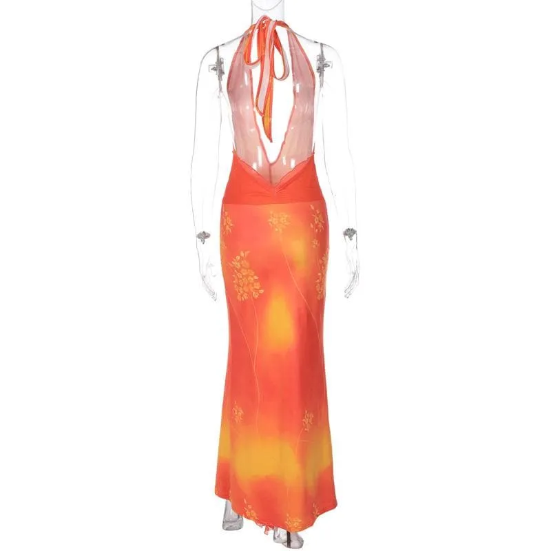 BerriesJam - Backless Halter Self Tie V Neck Slit Tie Dye Maxi Dress